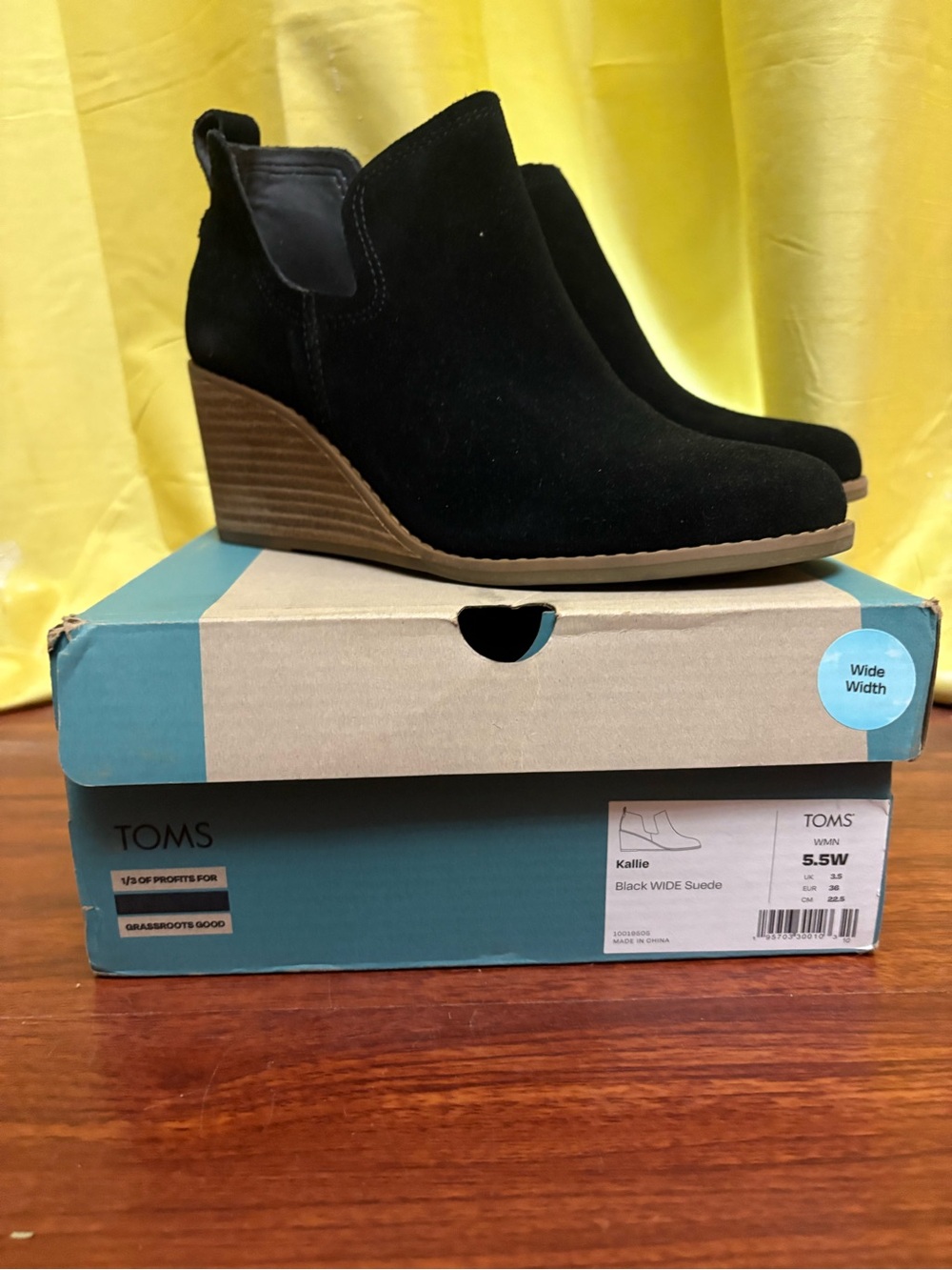 Toms Black Suede Wedge Ankle Booties Wide